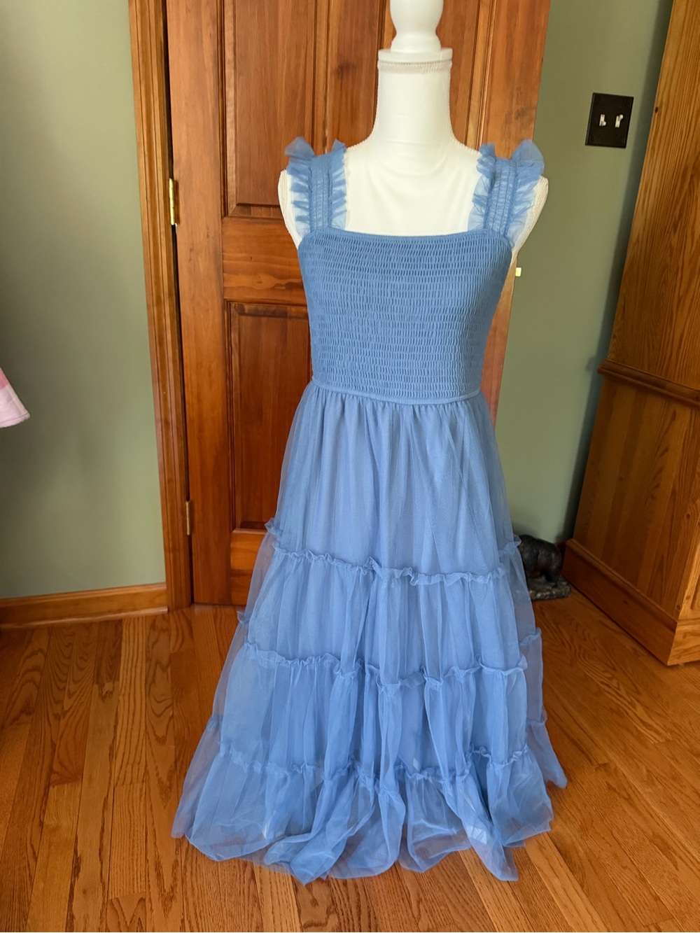 Blue Smocked Ruffle-Tiered Formal Dress